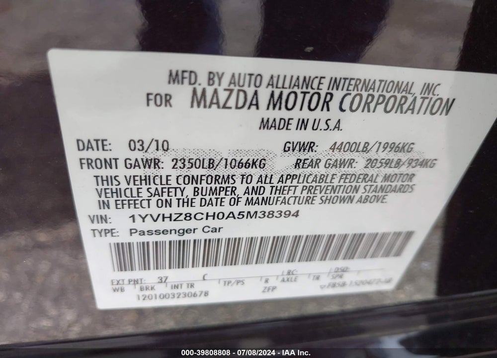 2010 MAZDA 6 I TOURING VIN: 1YVHZ8CH0A5M38394