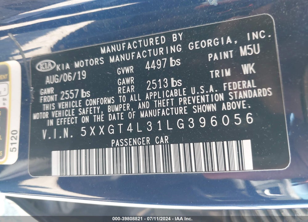 2020 KIA OPTIMA LX VIN: 5XXGT4L31LG396056
