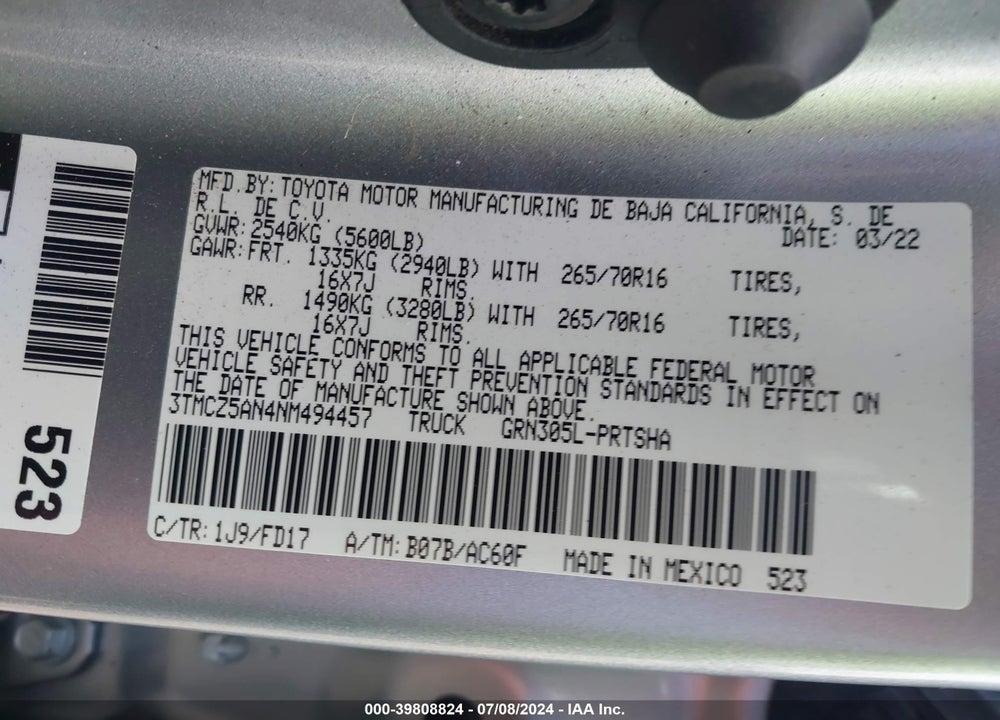 2022 TOYOTA TACOMA TRD OFF ROAD VIN: 3TMCZ5AN4NM494457