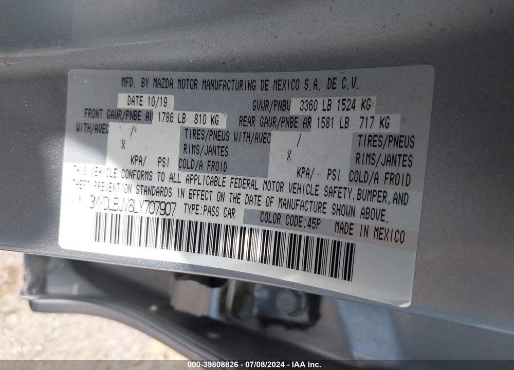 2020 TOYOTA YARIS VIN: 3MYDLBJV8LY707907