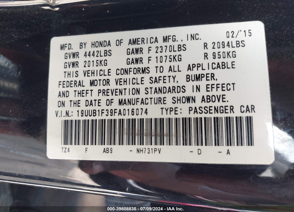 2015 ACURA TLX VIN: 19UUB1F39FA016074