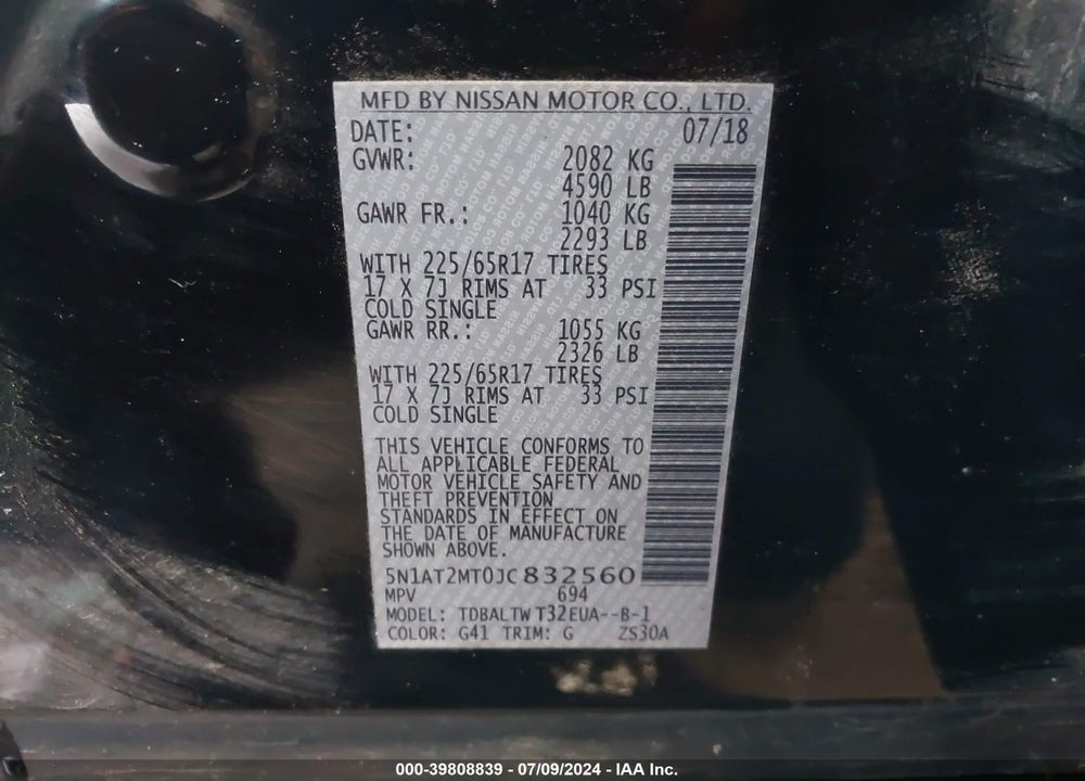 2018 NISSAN ROGUE SV VIN: 5N1AT2MT0JC832560