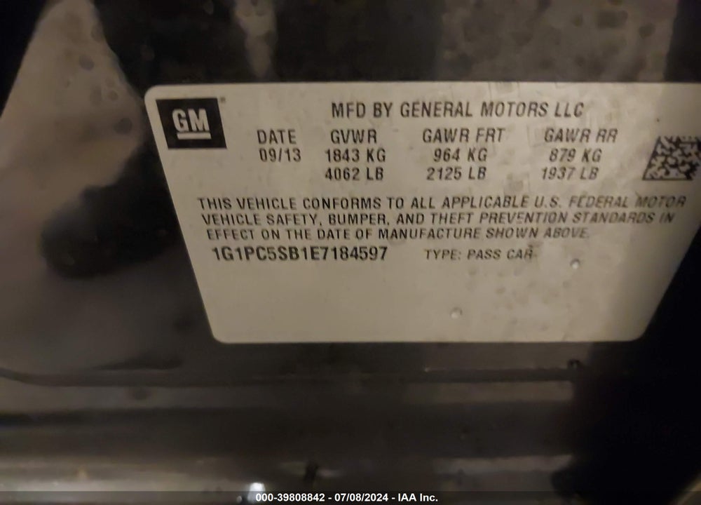 2014 CHEVROLET CRUZE 1LT AUTO VIN: 1G1PC5SB1E7184597