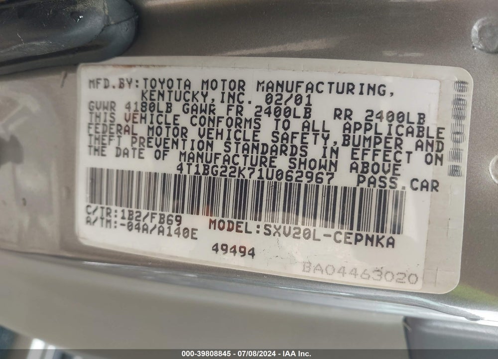 2001 TOYOTA CAMRY LE VIN: 4T1BG22K71U062967