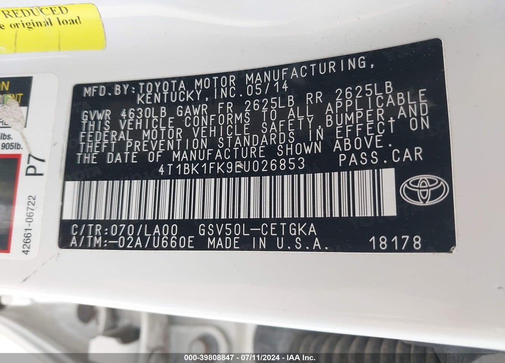 2014 TOYOTA CAMRY XLE V6 VIN: 4T1BK1FK9EU026853