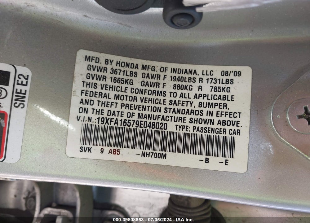 2009 HONDA CIVIC LX VIN: 19XFA16579E048020