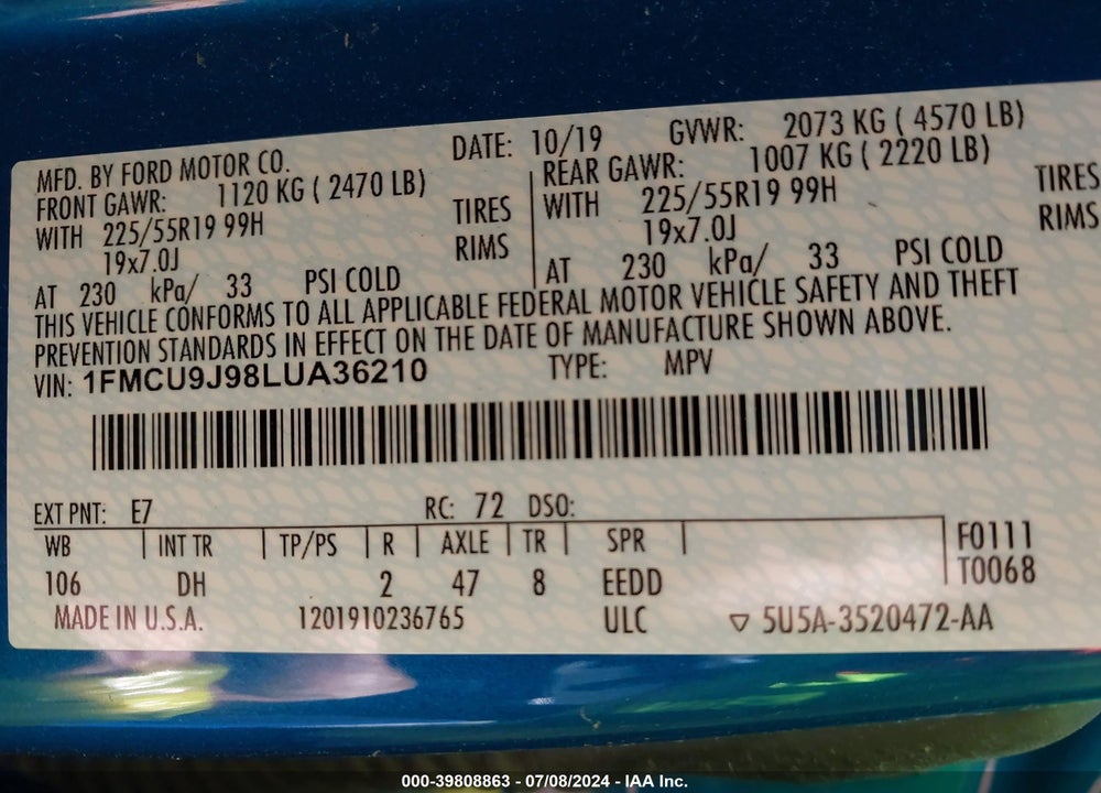 2020 FORD ESCAPE TITANIUM VIN: 1FMCU9J98LUA36210