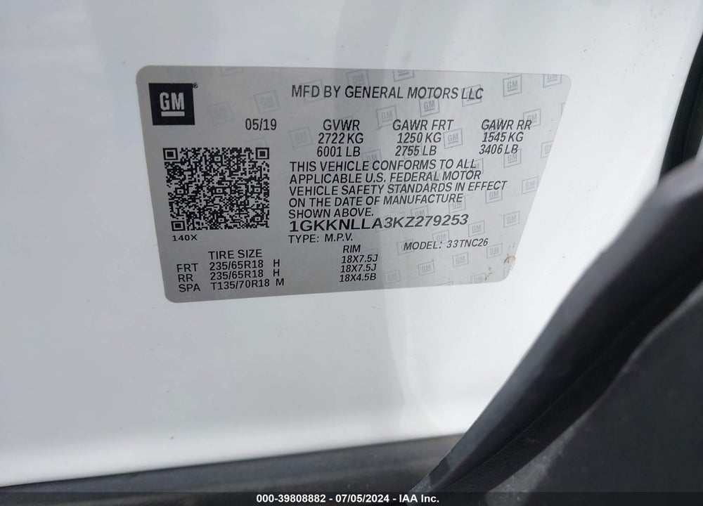 2019 GMC ACADIA SLE-2 VIN: 1GKKNLLA3KZ279253