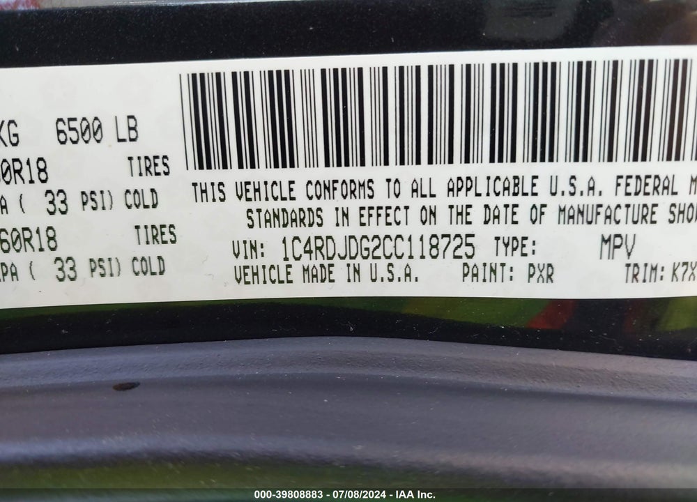 2012 DODGE DURANGO CREW VIN: 1C4RDJDG2CC118725