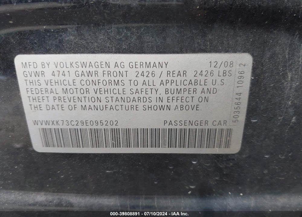 2009 VOLKSWAGEN PASSAT KOMFORT VIN: WVWXK73C29E095202