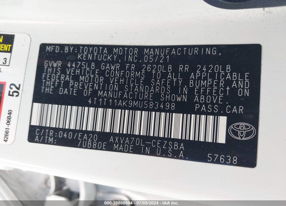 2021 TOYOTA CAMRY SE VIN: 4T1T11AK9MU583498