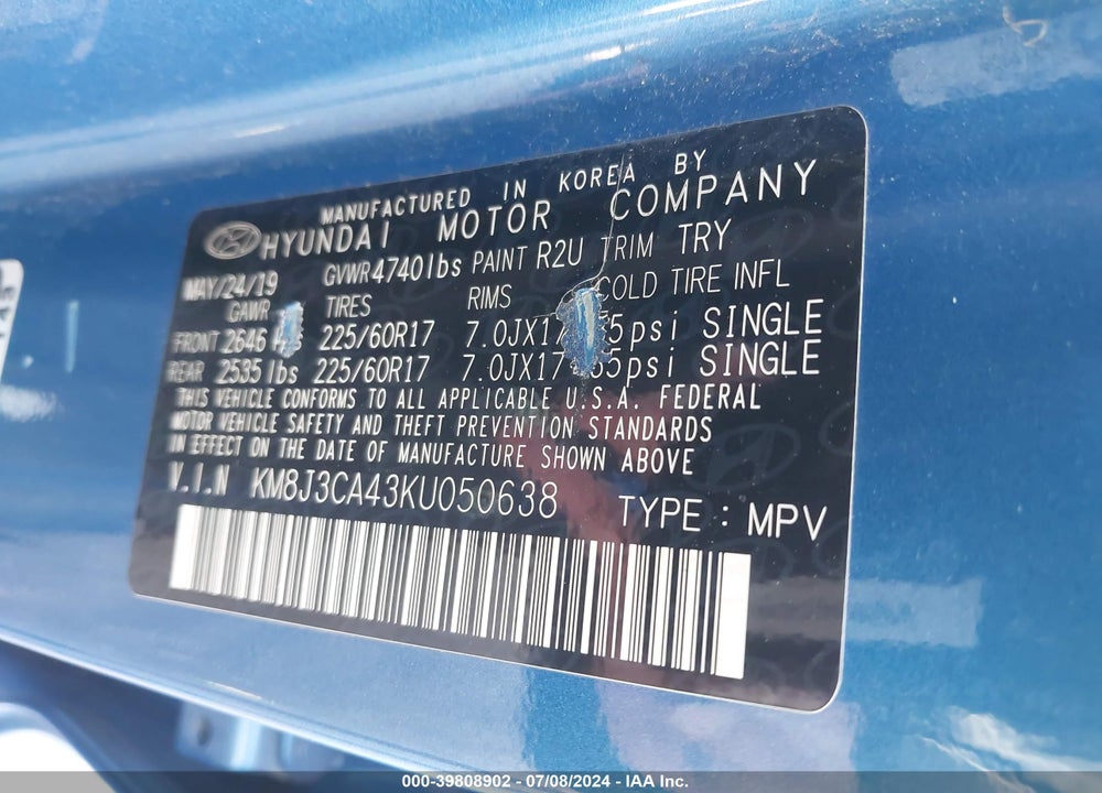 2019 HYUNDAI TUCSON VALUE VIN: KM8J3CA43KU050638