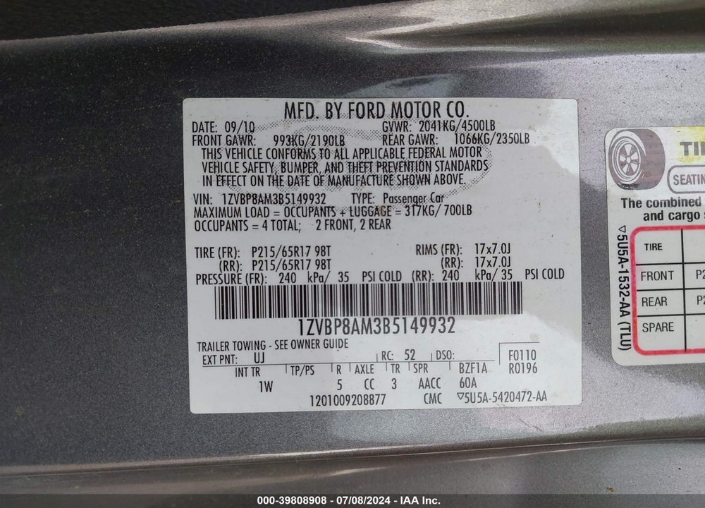 2011 FORD MUSTANG V6 VIN: 1ZVBP8AM3B5149932