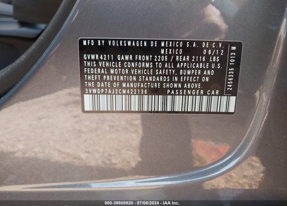2012 VOLKSWAGEN JETTA 2.5L SE VIN: 3VWDP7AJ2CM422136