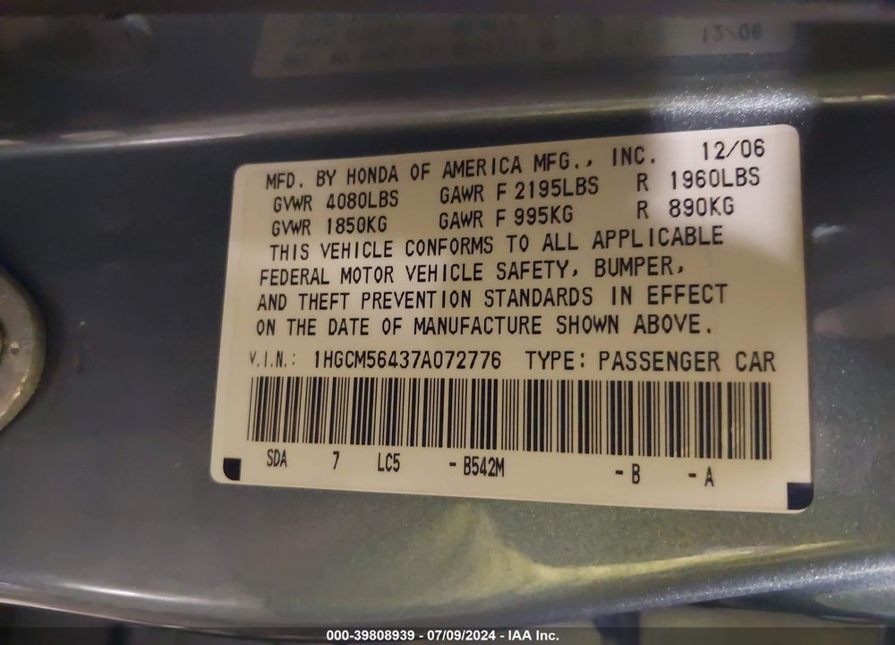 2007 HONDA ACCORD 2.4 LX VIN: 1HGCM56437A072776