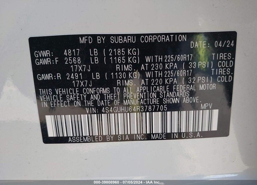 2024 SUBARU CROSSTREK WILDERNESS VIN: 4S4GUHU64R3787705