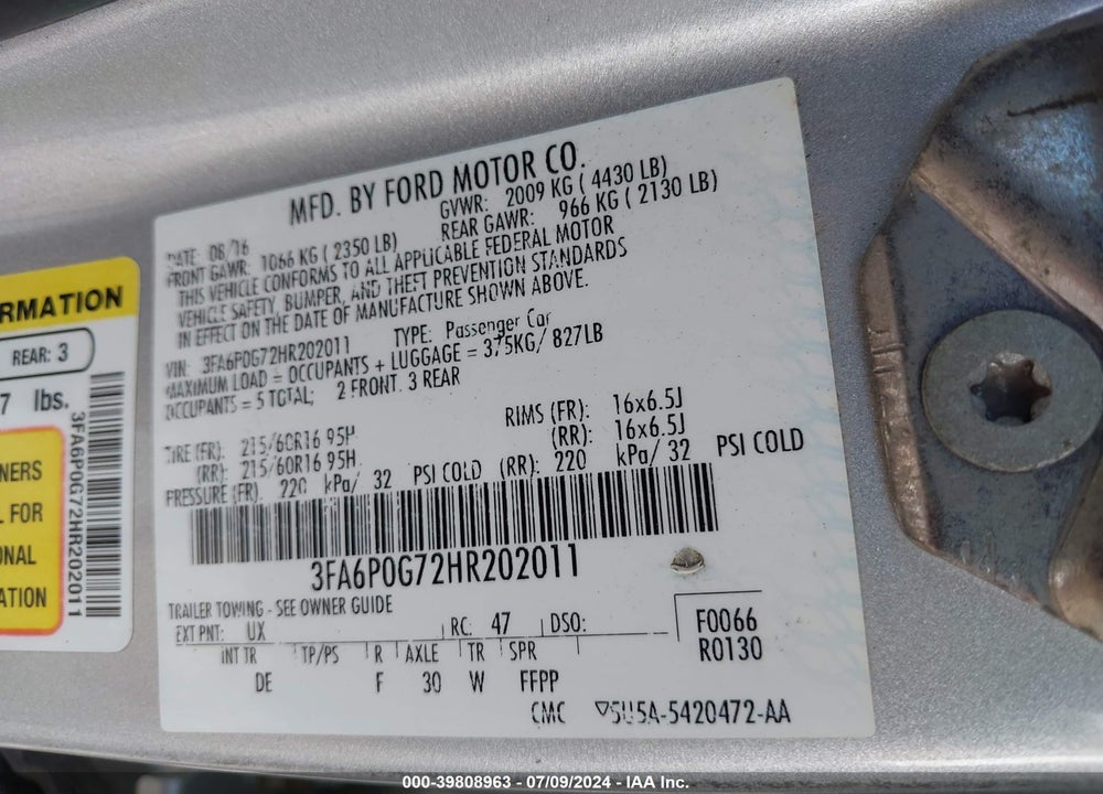 2017 FORD FUSION S VIN: 3FA6P0G72HR202011