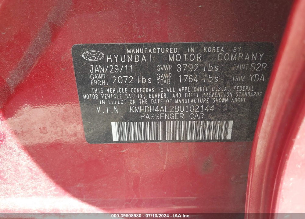 2011 HYUNDAI ELANTRA LIMITED (ULSAN PLANT) VIN: KMHDH4AE2BU102144