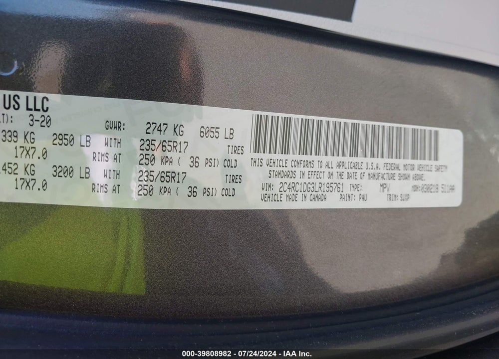 2020 CHRYSLER VOYAGER LXI VIN: 2C4RC1DG3LR195761