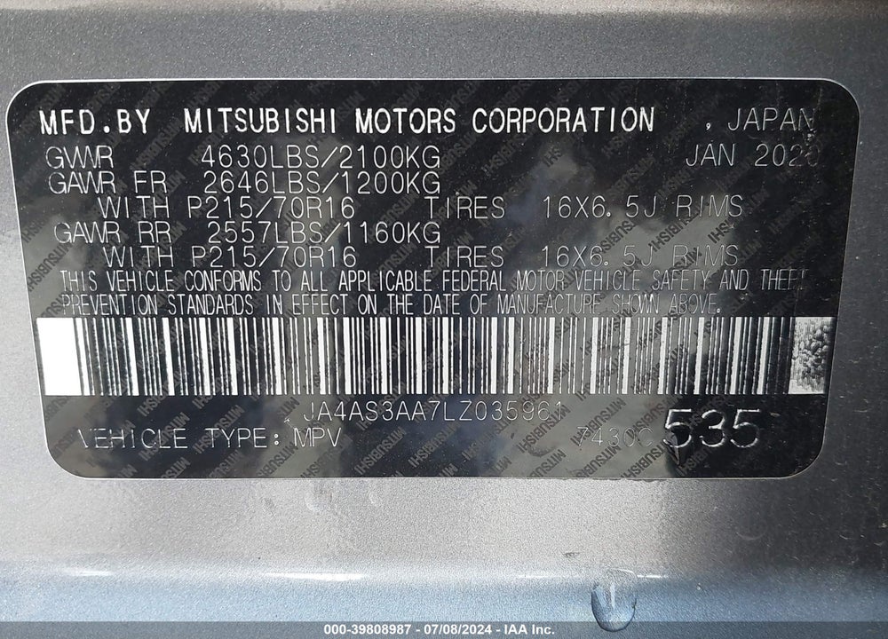 2020 MITSUBISHI ECLIPSE CROSS ES 1.5T VIN: JA4AS3AA7LZ035961