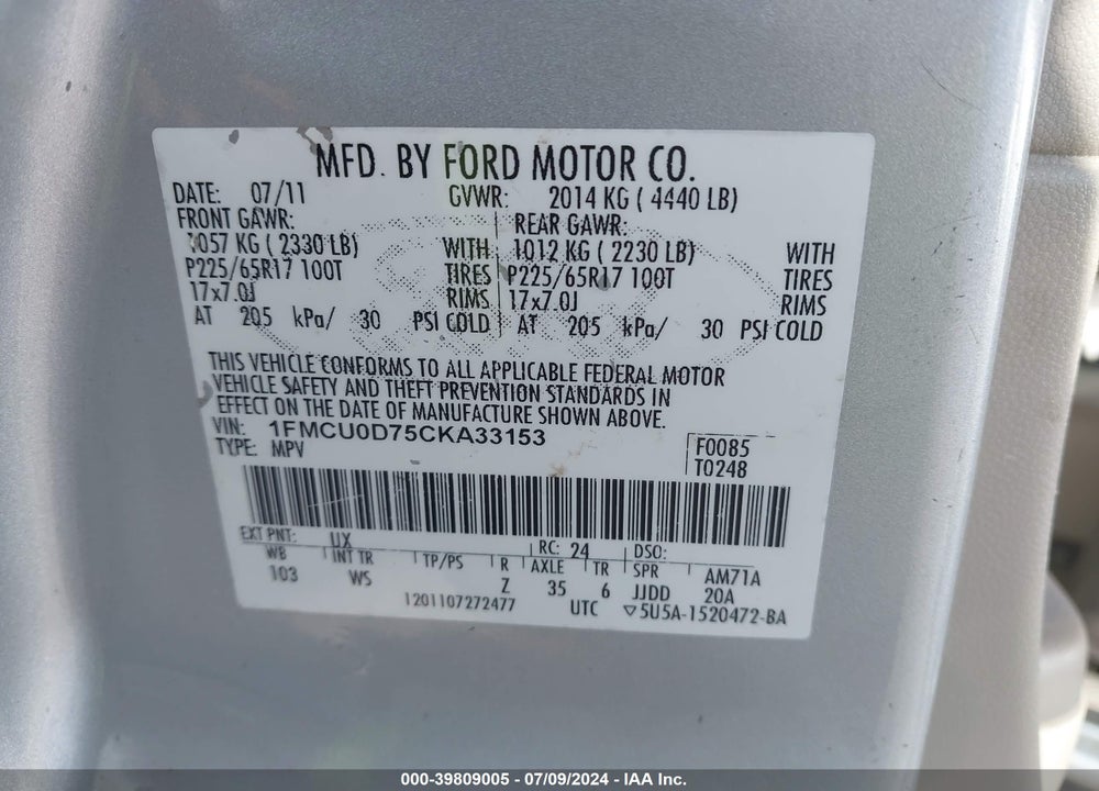 2012 FORD ESCAPE XLT VIN: 1FMCU0D75CKA33153