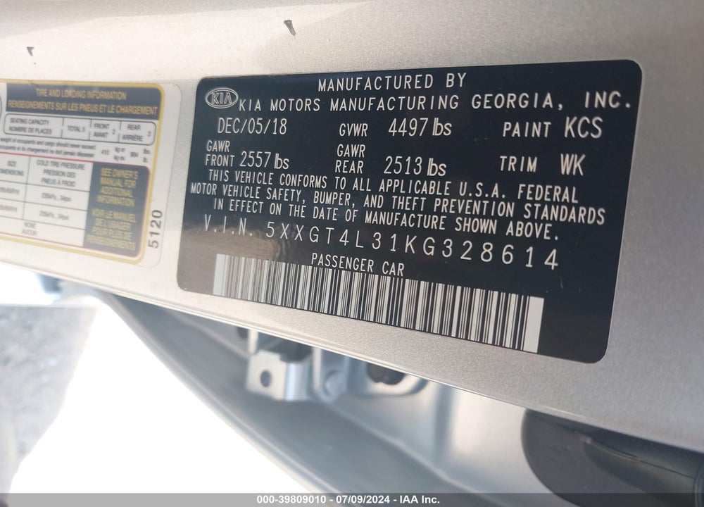 2019 KIA OPTIMA LX VIN: 5XXGT4L31KG328614