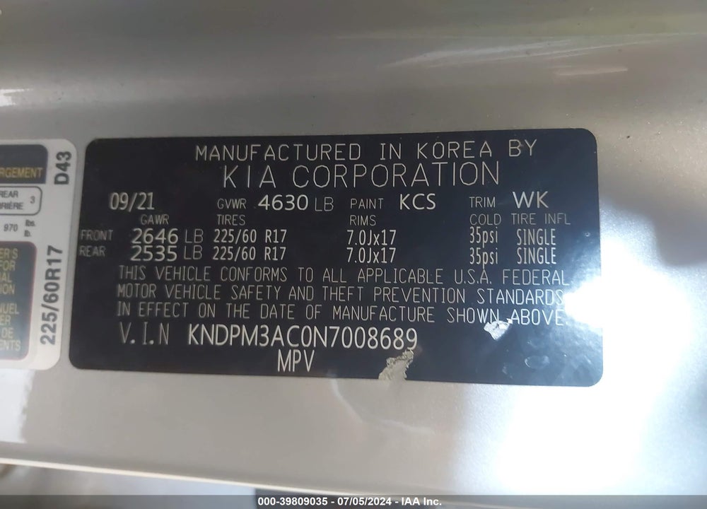 2022 KIA SPORTAGE LX VIN: KNDPM3AC0N7008689