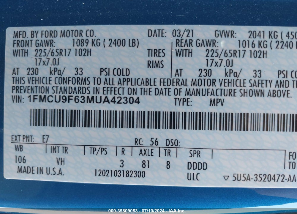 2021 FORD ESCAPE S VIN: 1FMCU9F63MUA42304