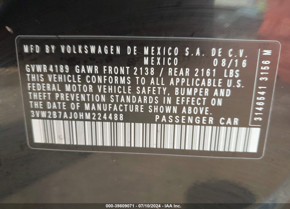 2017 VOLKSWAGEN JETTA 1.4T S VIN: 3VW2B7AJ0HM224488