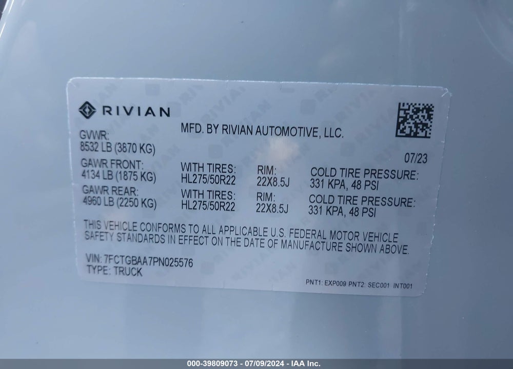 2023 RIVIAN R1T ADVENTURE/ADVENTURE DUAL MOTOR LARGE PACK/ADVENTURE DUAL MOTOR MAX PACK VIN: 7FCTGBAA7PN025576
