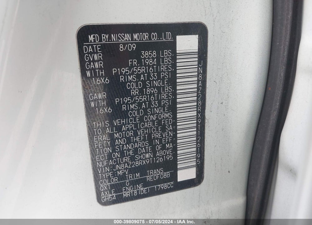 2009 NISSAN CUBE 1.8SL VIN: JN8AZ28RX9T126195