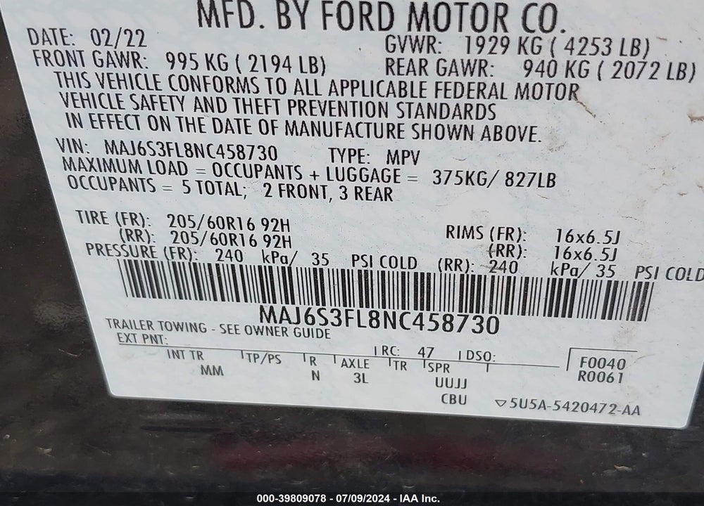 2022 FORD ECOSPORT S VIN: MAJ6S3FL8NC458730