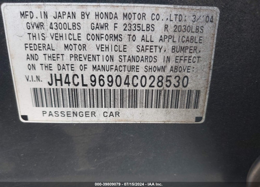 2004 ACURA TSX VIN: JH4CL96904C028530
