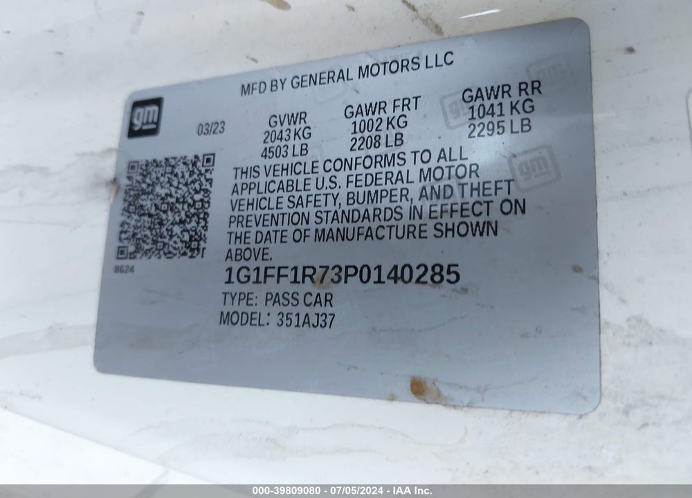 2023 CHEVROLET CAMARO RWD 1SS VIN: 1G1FF1R73P0140285