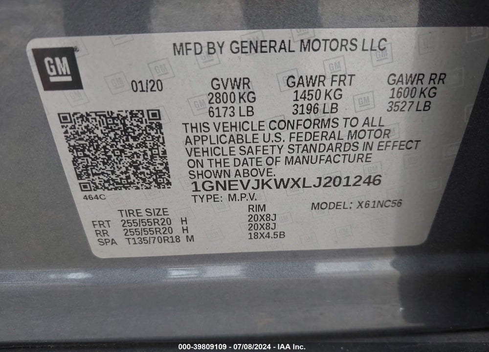 2020 CHEVROLET TRAVERSE AWD RS VIN: 1GNEVJKWXLJ201246