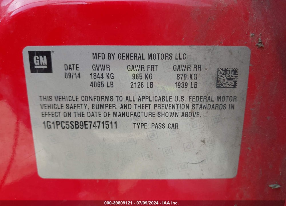 2014 CHEVROLET CRUZE 1LT AUTO VIN: 1G1PC5SB9E7471511