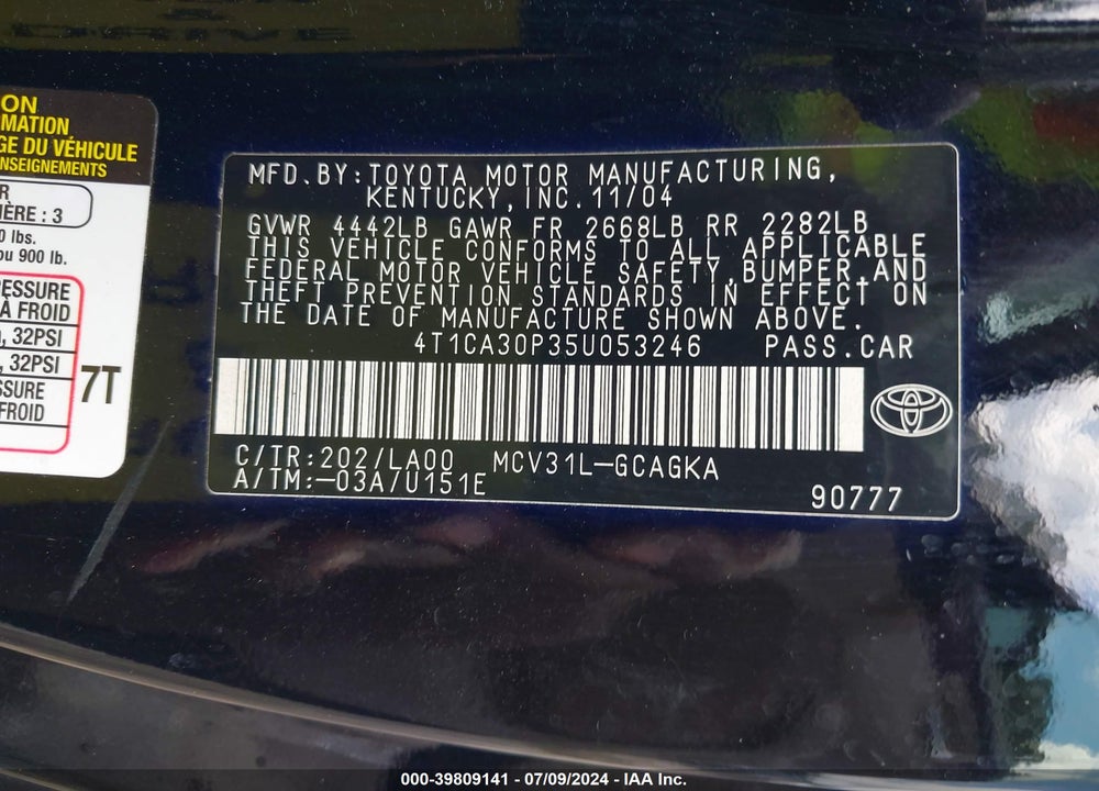 2005 TOYOTA CAMRY SOLARA SLE V6 VIN: 4T1CA30P35U053246