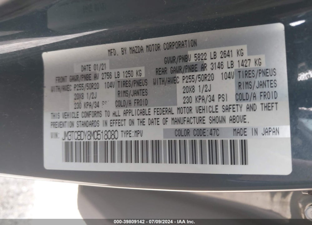 2021 MAZDA CX-9 CARBON EDITION VIN: JM3TCBDY8M0518080