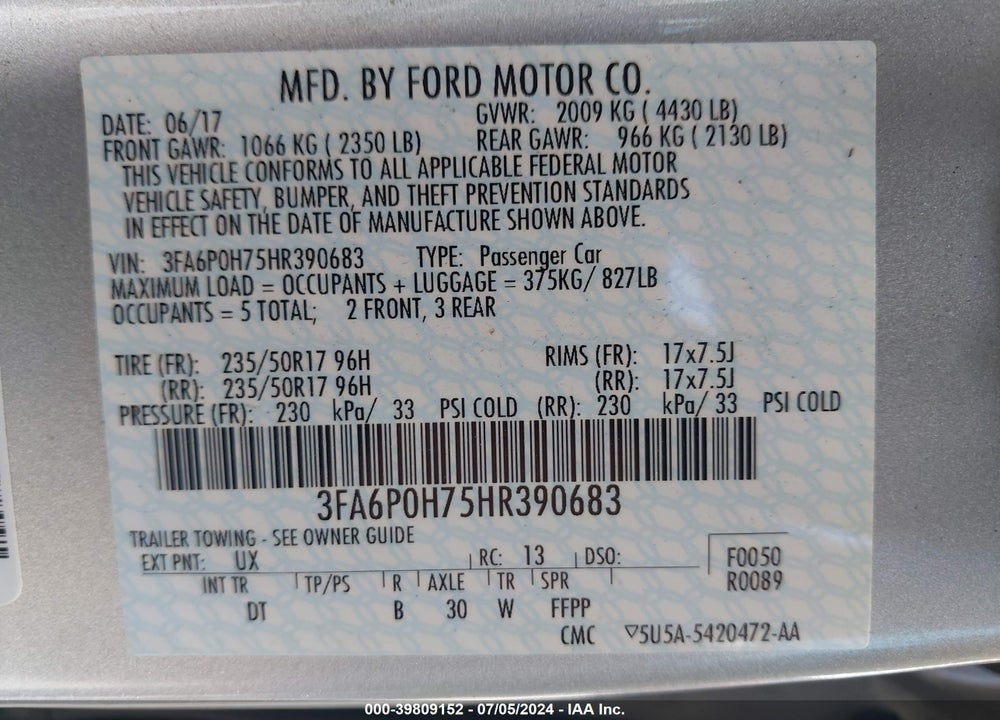 2017 FORD FUSION SE VIN: 3FA6P0H75HR390683