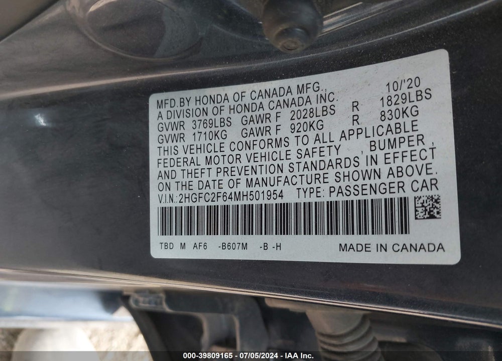 2021 HONDA CIVIC LX VIN: 2HGFC2F64MH501954