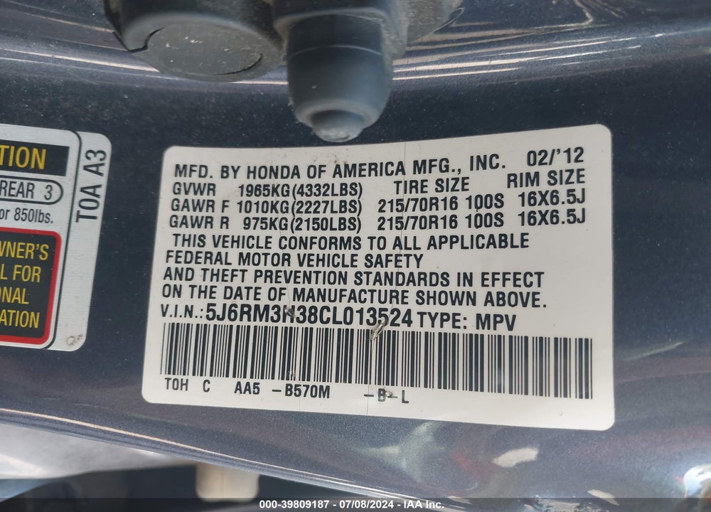 2012 HONDA CR-V LX VIN: 5J6RM3H38CL013524