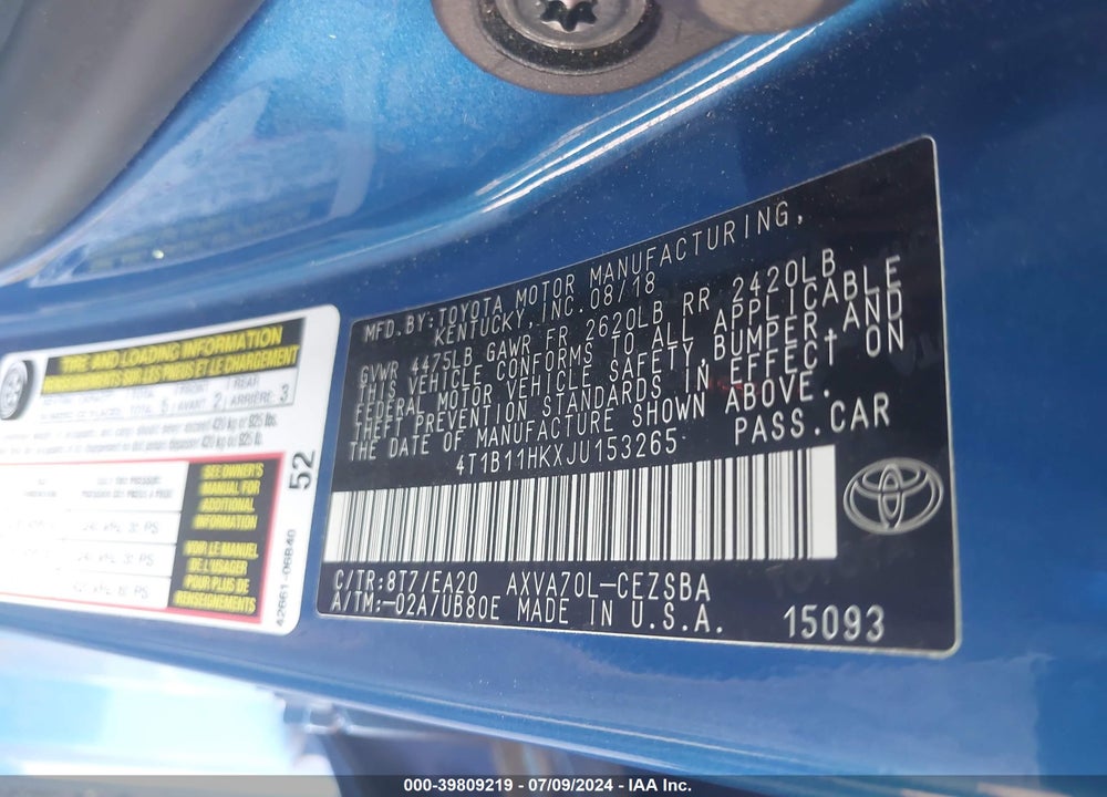 2018 TOYOTA CAMRY SE VIN: 4T1B11HKXJU153265