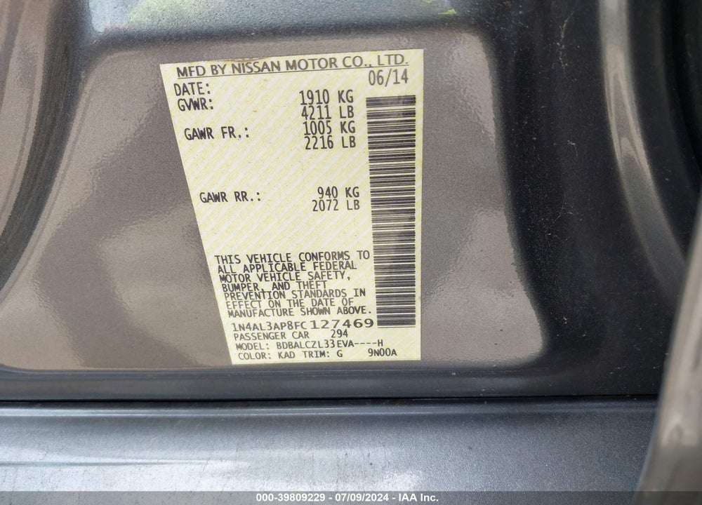 2015 NISSAN ALTIMA 2.5 S VIN: 1N4AL3AP8FC127469