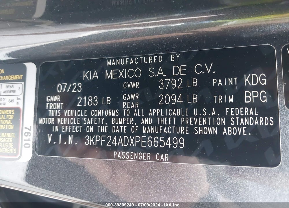 2023 KIA FORTE LXS VIN: 3KPF24ADXPE665499