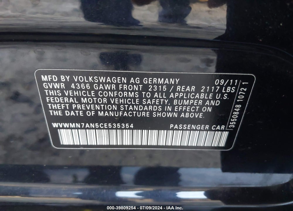 2012 VOLKSWAGEN CC SPORT VIN: WVWMN7AN5CE535354