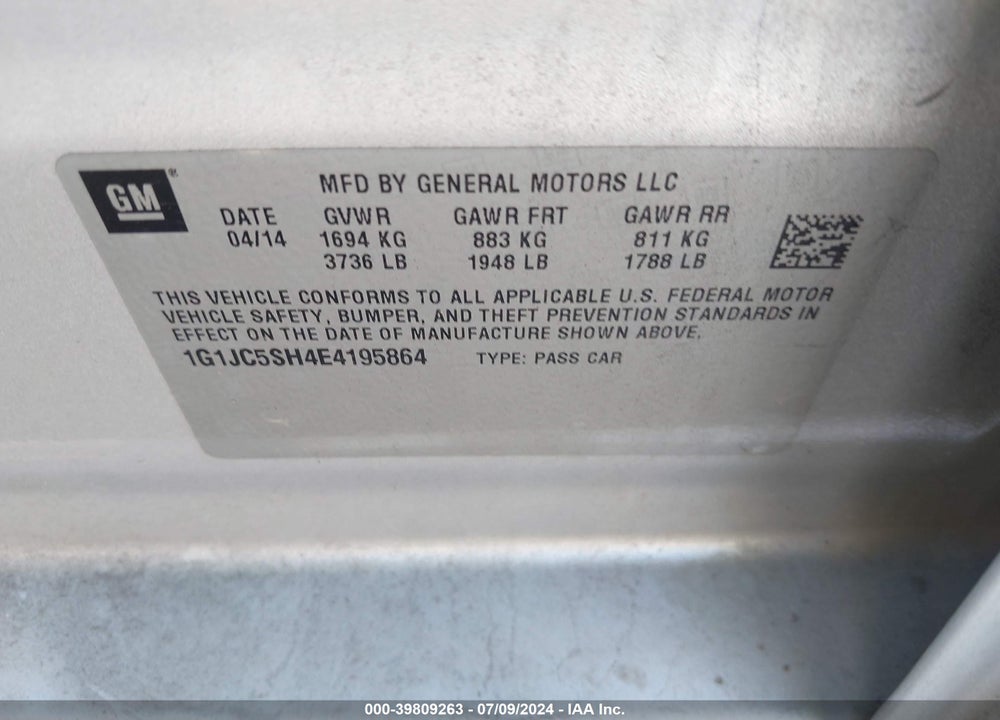 2014 CHEVROLET SONIC LT AUTO VIN: 1G1JC5SH4E4195864