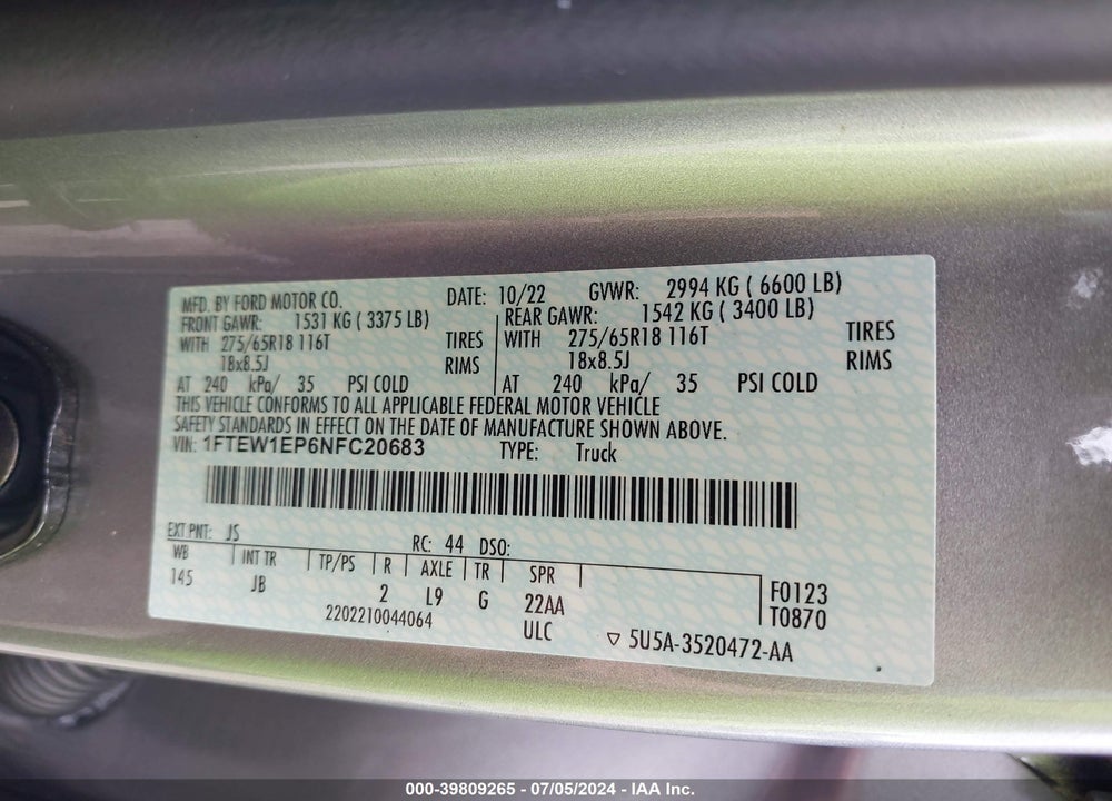 2022 FORD F-150 XL VIN: 1FTEW1EP6NFC20683