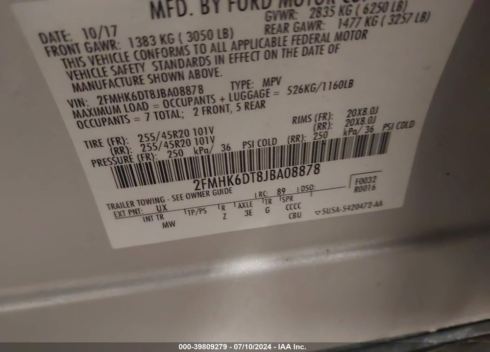 2018 FORD FLEX LIMITED VIN: 2FMHK6DT8JBA08878