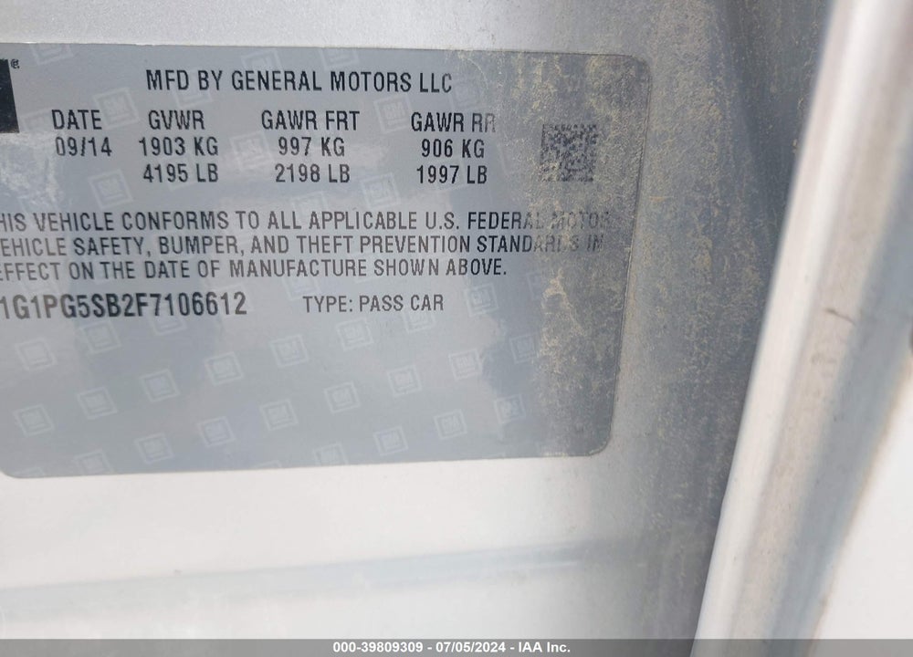 2015 CHEVROLET CRUZE LTZ VIN: 1G1PG5SB2F7106612
