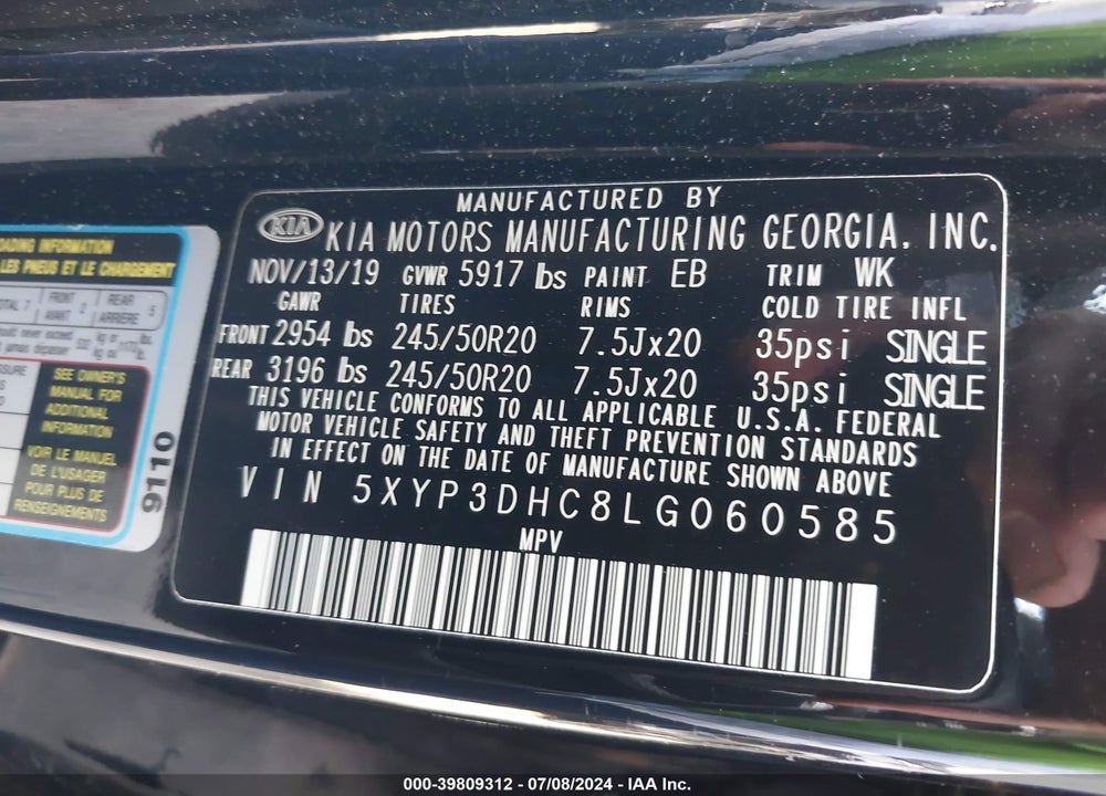 2020 KIA TELLURIDE EX VIN: 5XYP3DHC8LG060585